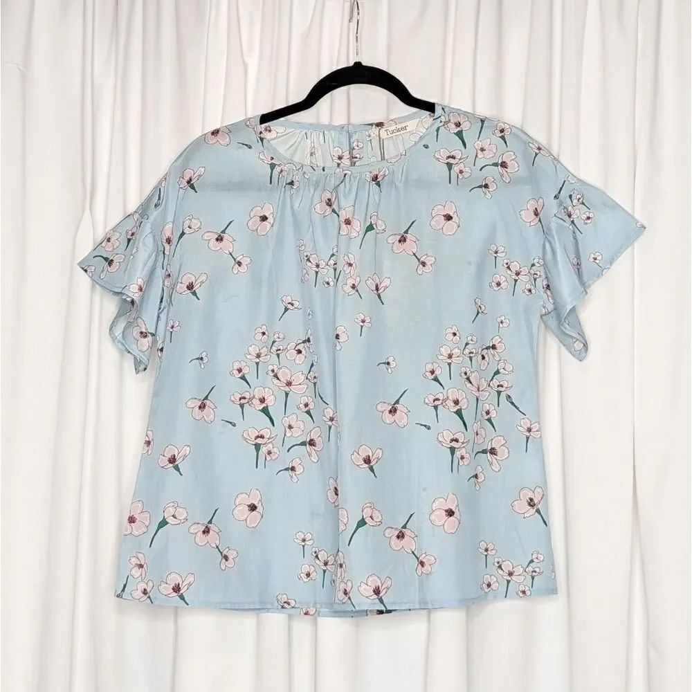 Tucker NYC Lola Top Tahitian Breeze in Silk Cotton Floral Baby Blue Crewneck